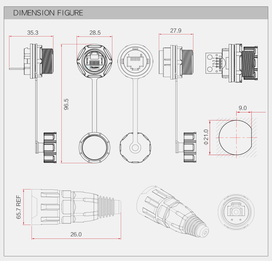 8-Pin 8-Core Ethercon Network Cable Durable Cat5 BNC Panel Mount PCB Shielded Copper RJ45 Plastic Connector